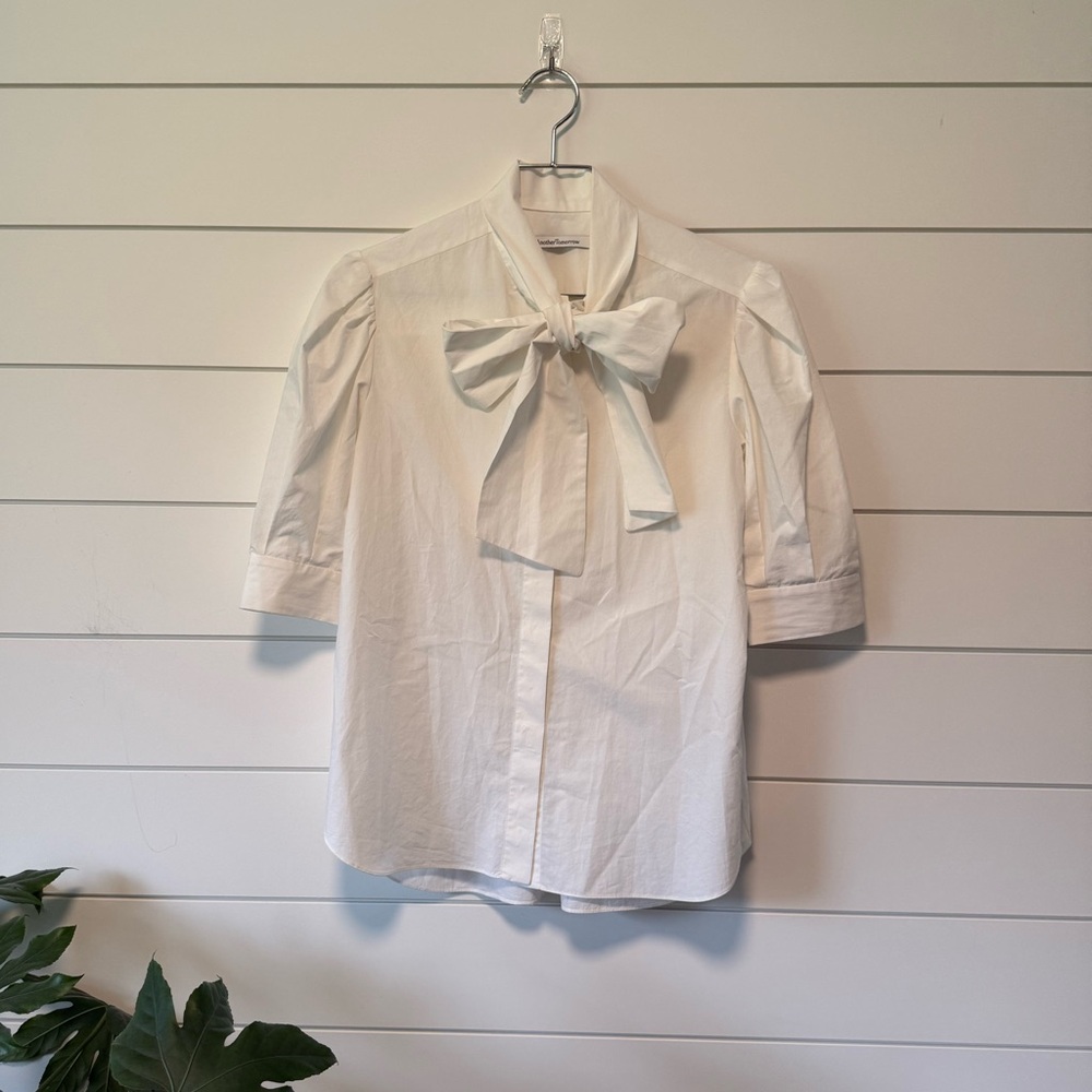 Another Tomorrow 100% Cotton Sustainable Chic White Summer Button Up Neck Bow